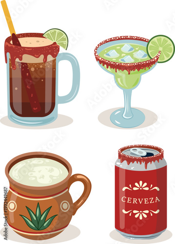 conjunto de bebidas alcohólicas. Michelada, cerveza, margarita y pulque