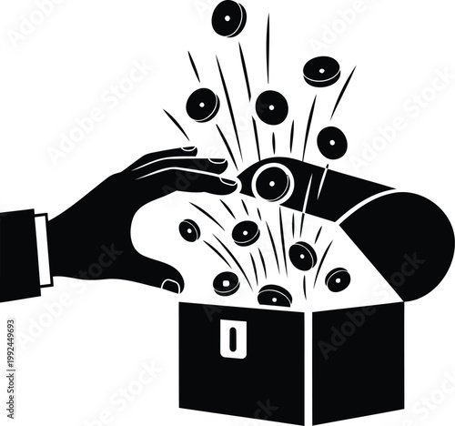 Treasure chest vector illustration with human hand and exploding coins for wealth discovery.