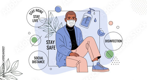 COVID-19 safety icons, social distancing concept, coronavirus protection, health and hygiene vector