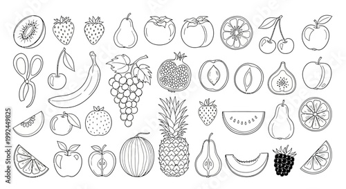 40 Fruit Icons, Line Art, Black and White, Vector Illustrations, Fresh Food Symbols, Fruit Salad Elements