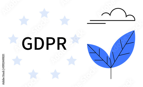 Data privacy, digital security, compliance, legal requirements, eco-consciousness, sustainability. GDPR text with stars, blue leaves cloud. Data privacy and digital security concept