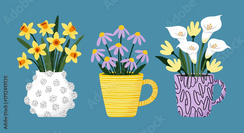 Colorful Spring Flowers, Bouquet Illustrations, Floral Vector Set, Teal Background