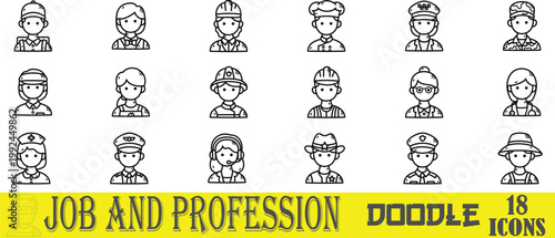 Vector Set of 18 Job and Profession Avatars People Occupations Doodle Outline Icons