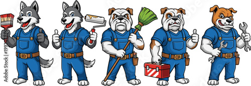 Cartoon dog handyman character set with wolf and bulldog workers holding tools, painter, cleaner and repair service mascots, professional maintenance vector illustration collection