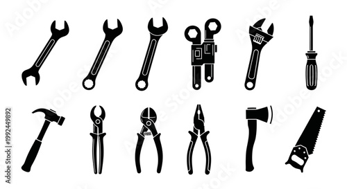 Black silhouette toolbox icons, 12 piece tool set, vector illustration, industrial tools, equipment symbols