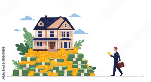 Wealth, finance, and real estate vector, money and house, investment and property, gold coins and banknotes