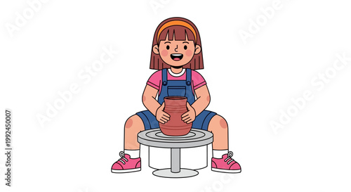 Cartoon girl, pottery wheel, clay modeling, creative kid, art class