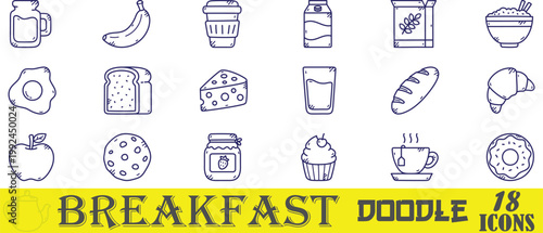 Vector Set of 18 Breakfast Morning Food and Bakery Doodle Outline Icons