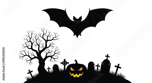 Silhouette of a bat flying over a spooky halloween graveyard scene
