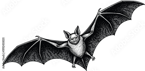 A detailed vintage illustration of a bat in mid flight