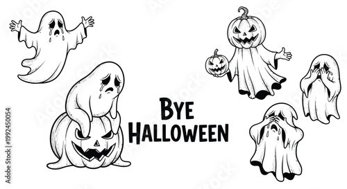 Crying ghosts and jack o lanterns with a halloween farewell message