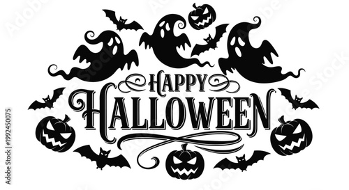 A spooky halloween illustration with ghosts bats pumpkins and lettering