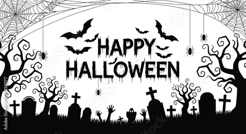 A spooky halloween scene with bats spiderwebs and a graveyard