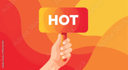 Hand Holding "HOT" Sign with Red Orange Gradient Background