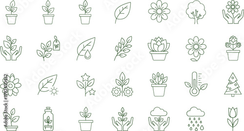 Eco and plant line icons set with leaves, flowers, gardening symbols, sustainability elements and nature care concepts, minimal outline vector illustration collection