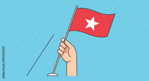 Hand holding red flag with white star, symbol of victory, achievement, and independence