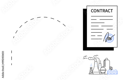 Business deals, legal agreements, industrial development, environmental impact, manufacturing, formal documentation. Factory outline and signed contract paper. Business deals and legal agreements