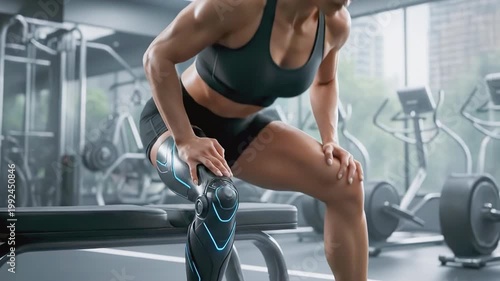 Muscular woman adjusting high-tech bionic prosthetic leg while sitting on bench in modern gym environment