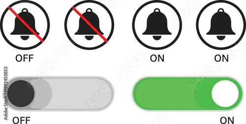 Notification toggle icons set with bell symbols on and off states, mute alerts and switch buttons, user interface elements modern vector illustration collection