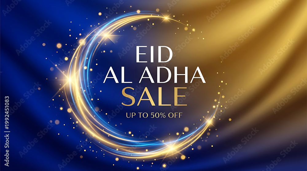 Fototapeta premium Elegant eid al adha sale banner with glowing golden crescent moon and sparkling light trails on a luxurious deep blue and gold wavy silk fabric background for festive seasonal promotional marketing