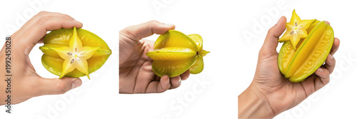 Foto Hand holding star fruit - Averrhoa carambola (Carambola / Carambole) - Fresh Org