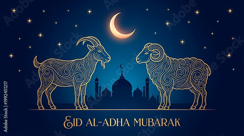 Elegant eid al adha mubarak greeting card design featuring ornate gold line art goats and rams standing before a dark blue silhouette mosque under a glowing crescent moon and sparkling night stars