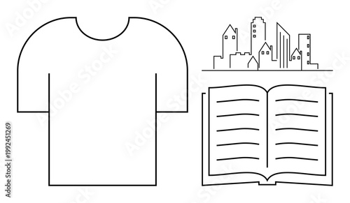 Fashion, education, urban design, lifestyle, creativity, graphic design. Minimalist line art a shirt, an open book and a cityscape. Fashion and education concepts combined