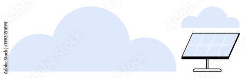 Sustainable energy, renewable resources, solar technology, cloud computing, eco-friendly power, environment awareness. Solar panel under soft clouds. Sustainable energy and renewable resources