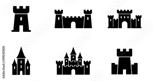 Set of castle icons, fortress and tower silhouettes