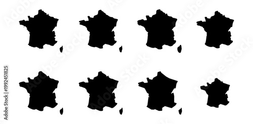 Set of france country map silhouettes, collection of various shapes of french territory