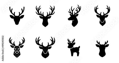 Set of deer head silhouettes and icons, vector illustrations of stag antlers and reindeer heads