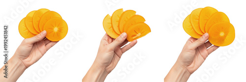 Fotografi Hand holding sliced persimmon - Diospyros kaki (Caqui / Kaki) - Fresh Organic Tr
