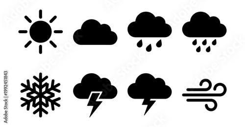 Set of weather icons, including sun, clouds, rain, snow, lightning, and wind, vector illustration