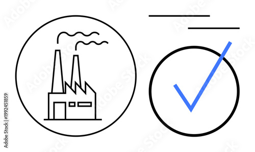 Environmental sustainability, pollution control, manufacturing quality, industrial standards, compliance, validation. Factory with smoke stacks and a blue checkmark. Sustainability and pollution