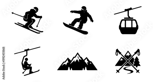Set of winter sports icons including skiing, snowboarding, ski lift, gondola, and mountain landscape