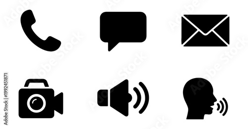 Set of communication icons including phone, chat, email, video camera, speaker, and voice message