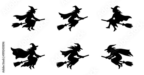 Set of silhouettes of witches flying on broomsticks for halloween design