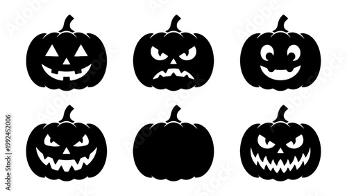 Set of six halloween pumpkin silhouettes with different scary and funny faces