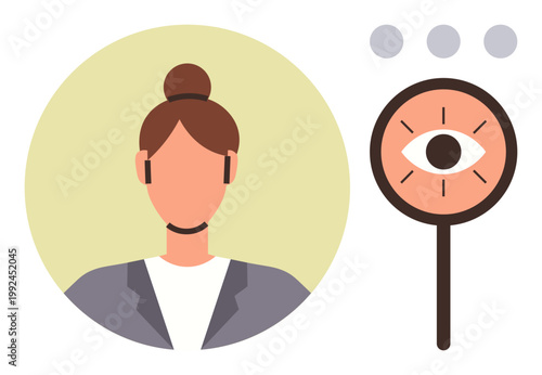 Communication, remote customer service, observation, focus, human resources, digital monitoring. Female figure with headset and eye symbol. Communication and observation concepts