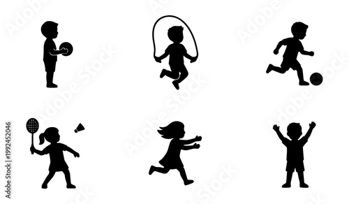 Set of silhouettes of children playing various sports and activities