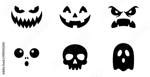 Set of halloween pumpkin carving faces, spooky ghost, and skull silhouettes