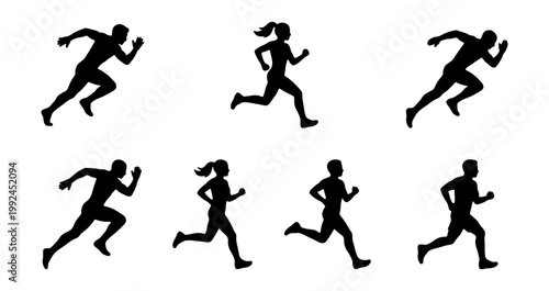 Set of running people silhouettes, diverse men and women athletes in motion, active lifestyle concept