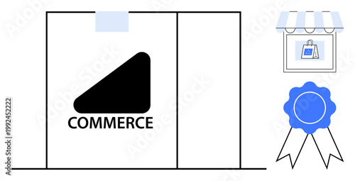 Digital retail, online transactions, certifications, business trust, e-commerce standards, visual identity. Modern storefront graphic e-commerce and a certification badge. Online transactions