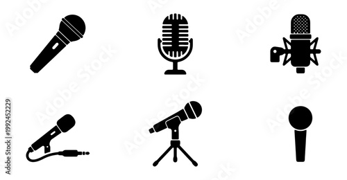 Set of various microphone icons, including handheld, studio, and desktop microphones for recording, broadcasting, and podcasting
