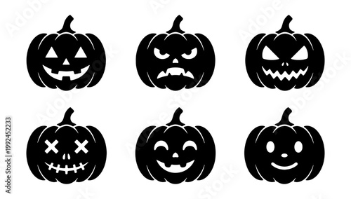 Set of six black silhouettes of halloween pumpkins with different facial expressions