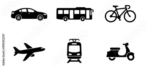 Set of transportation icons, including car, bus, bicycle, airplane, tram, and scooter