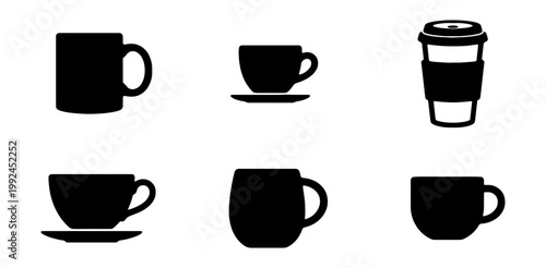 Set of coffee cup icons, vector illustration of various mugs and cups for hot drinks