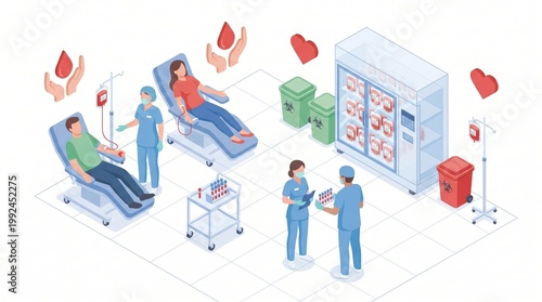 Isometric Vector Illustration of Blood Donation in Healthcare