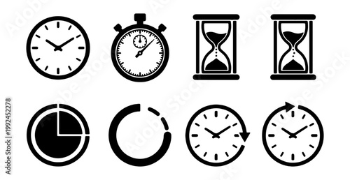 Set of clock and timer icons, time and duration symbols, vector illustration