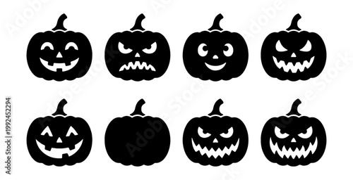 Set of halloween pumpkin silhouettes with various spooky and funny carved faces